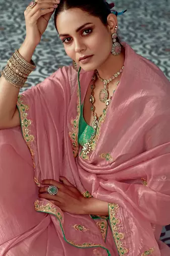 pink embroidered saree with jacquard work blouse piece