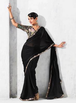 black embroidered saree with jacquard work blouse piece 1