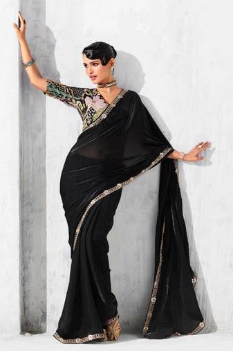 black embroidered saree with jacquard work blouse piece