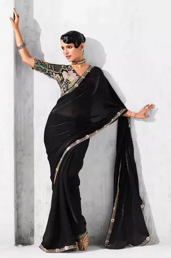 black embroidered saree with jacquard work blouse piece