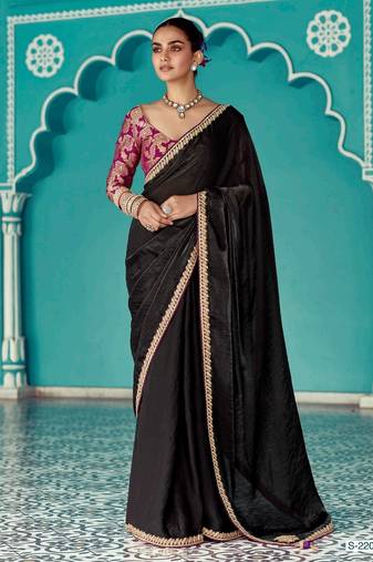 black embroidered saree with jacquard work blouse piece