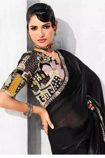 black embroidered saree with jacquard work blouse piece