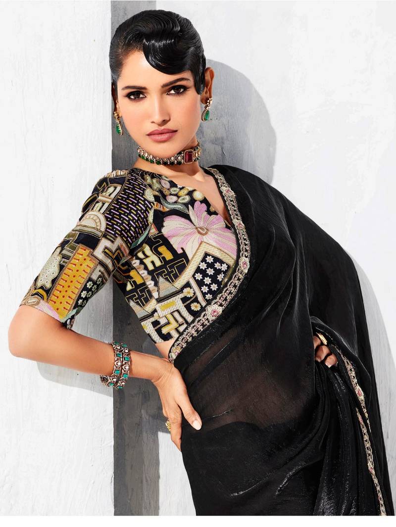 black embroidered saree with jacquard work blouse piece