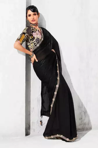 black embroidered saree with jacquard work blouse piece