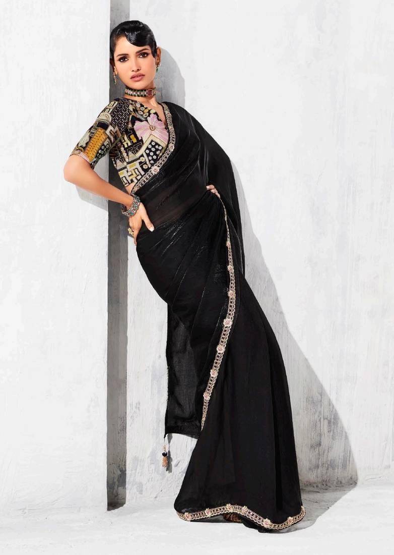 black embroidered saree with jacquard work blouse piece