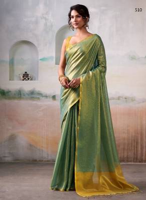 green handloom tissue silk self woven plain saree 1