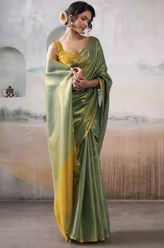 green handloom tissue silk self woven plain saree