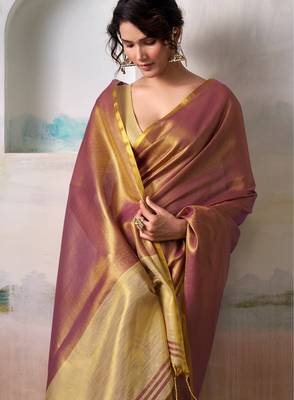pink gold handloom tissue silk self woven plain saree 2