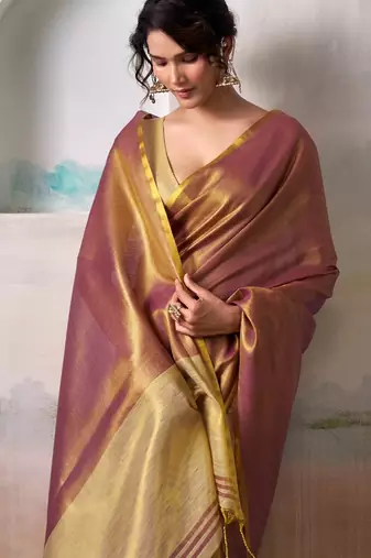 pink gold handloom tissue silk self woven plain saree