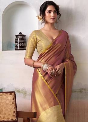 pink gold handloom tissue silk self woven plain saree 3