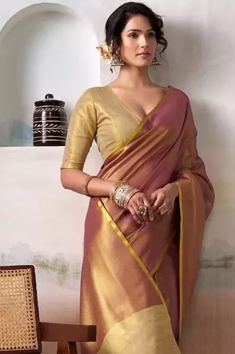 pink gold handloom tissue silk self woven plain saree