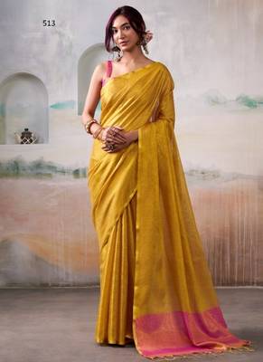 yellow handloom tissue silk self woven plain saree 1