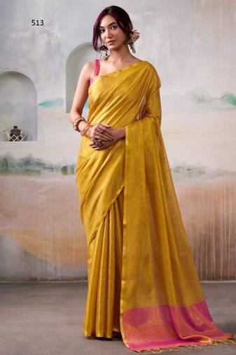 yellow handloom tissue silk self woven plain saree