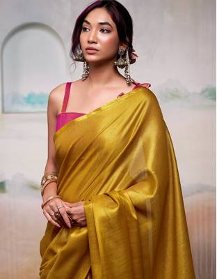 yellow handloom tissue silk self woven plain saree 2