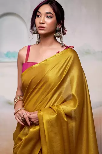 yellow handloom tissue silk self woven plain saree