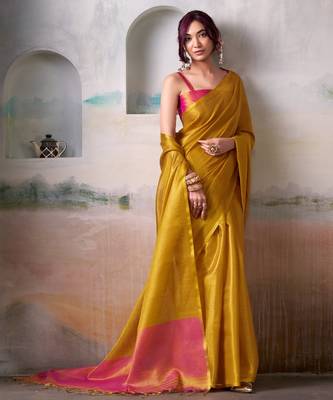 yellow handloom tissue silk self woven plain saree 3