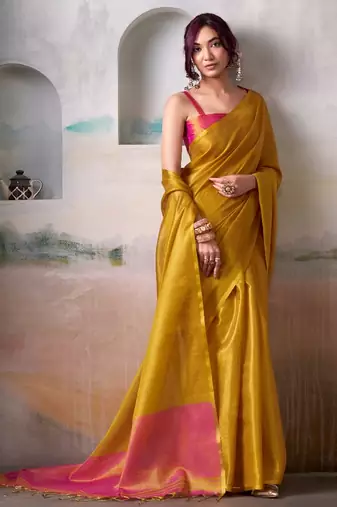 yellow handloom tissue silk self woven plain saree