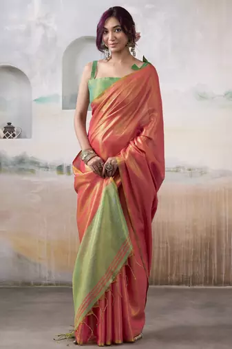 red handloom tissue silk self woven plain saree