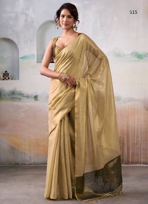 beige handloom tissue silk self woven plain saree 1