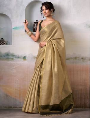 beige handloom tissue silk self woven plain saree 3
