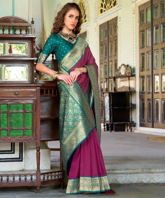 wine silk blend zari weaving saree with blouse piece 1