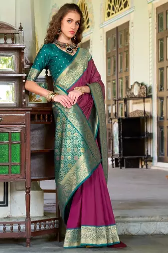 wine silk blend zari weaving saree with blouse piece