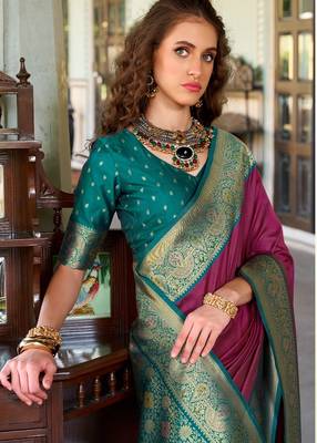 wine silk blend zari weaving saree with blouse piece 2