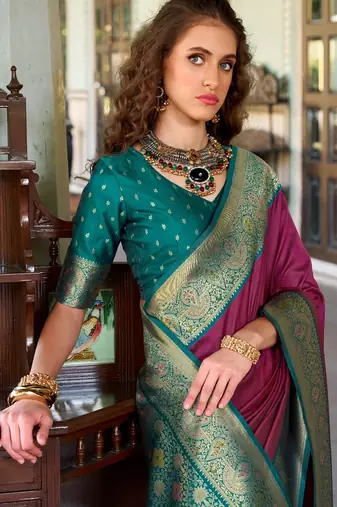 wine silk blend zari weaving saree with blouse piece