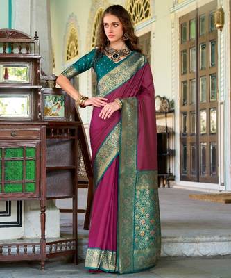 wine silk blend zari weaving saree with blouse piece 3