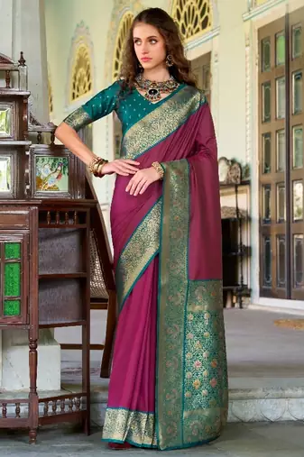 wine silk blend zari weaving saree with blouse piece