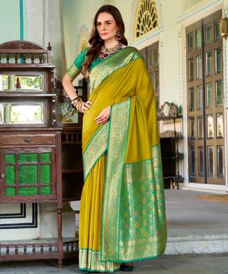 mustard silk blend zari weaving saree with blouse piece 1