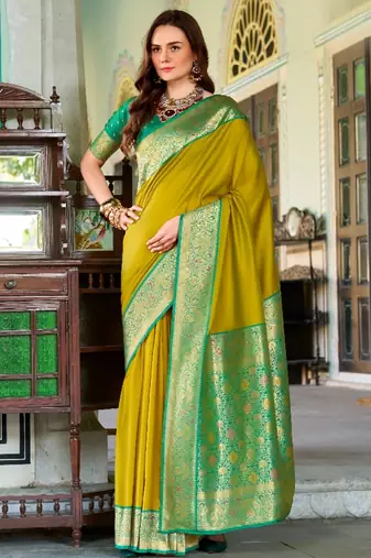 mustard silk blend zari weaving saree with blouse piece