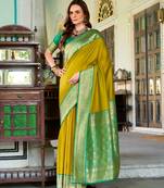 mustard silk blend zari weaving saree with blouse piece