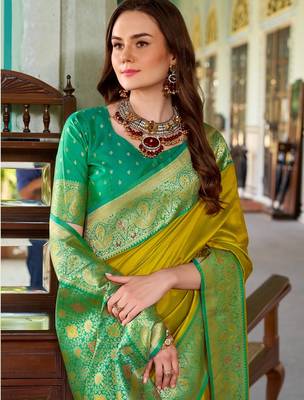 mustard silk blend zari weaving saree with blouse piece 2