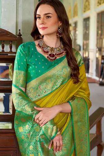 mustard silk blend zari weaving saree with blouse piece