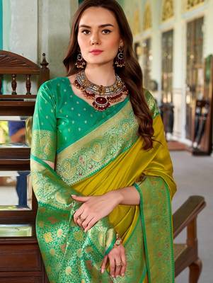 mustard silk blend zari weaving saree with blouse piece 3
