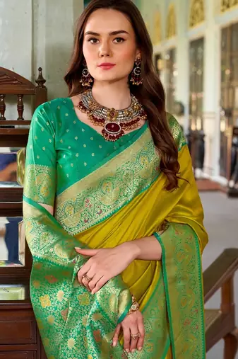 mustard silk blend zari weaving saree with blouse piece