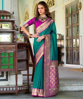 teal silk blend zari weaving saree with blouse piece 1