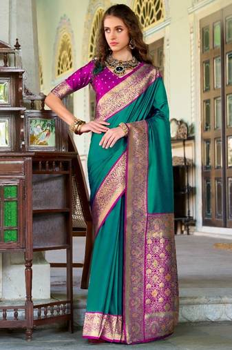 teal silk blend zari weaving saree with blouse piece