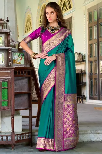 teal silk blend zari weaving saree with blouse piece
