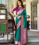 teal silk blend zari weaving saree with blouse piece