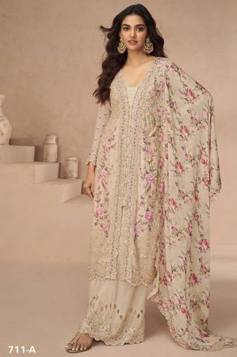 Cream embroidery sequence & thread with mirror daimond work silk free size stitched suit