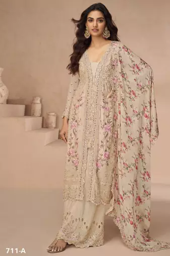 Cream embroidery sequence & thread with mirror daimond work silk free size stitched suit