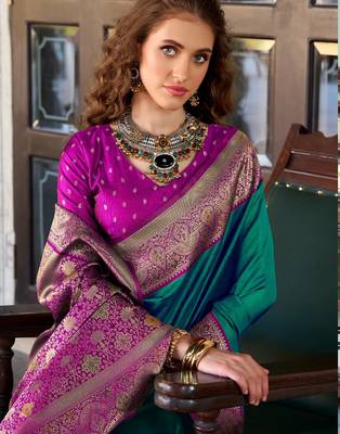 teal silk blend zari weaving saree with blouse piece 2