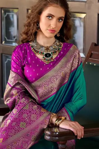 teal silk blend zari weaving saree with blouse piece