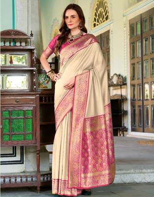 beige silk blend zari weaving saree with blouse piece 1