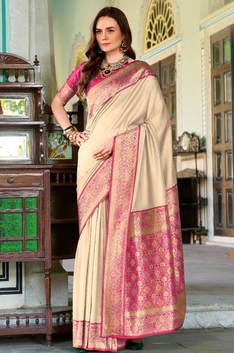 beige silk blend zari weaving saree with blouse piece