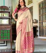 beige silk blend zari weaving saree with blouse piece