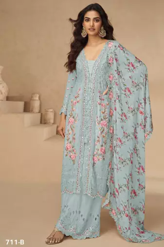 Sky blue embroidery sequence & thread with mirror daimond work silk free size stitched suit