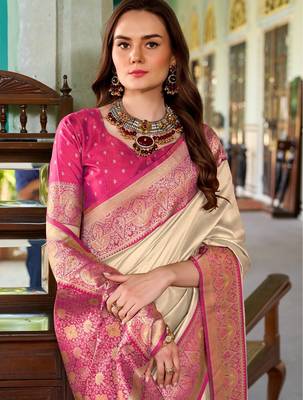 beige silk blend zari weaving saree with blouse piece 2